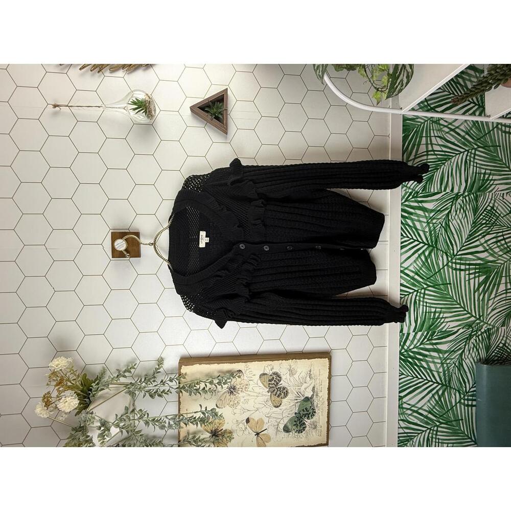 Umgee Black Knit Button Cardigan Sweater with Ruffle Detail - Size - Medium